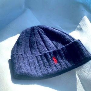 Polo/Ralph Lauren, Lambs Wool Beanie. Navy with Red Accent. OSFM.